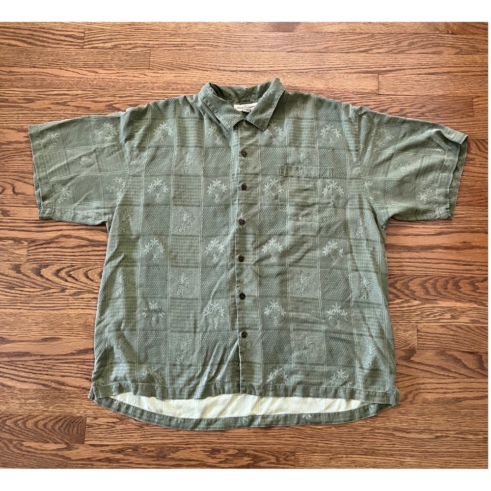 Tommy Bahama Mens XXL Silk Shirt Olive Green Tropical Palm Pineapple Jacquard